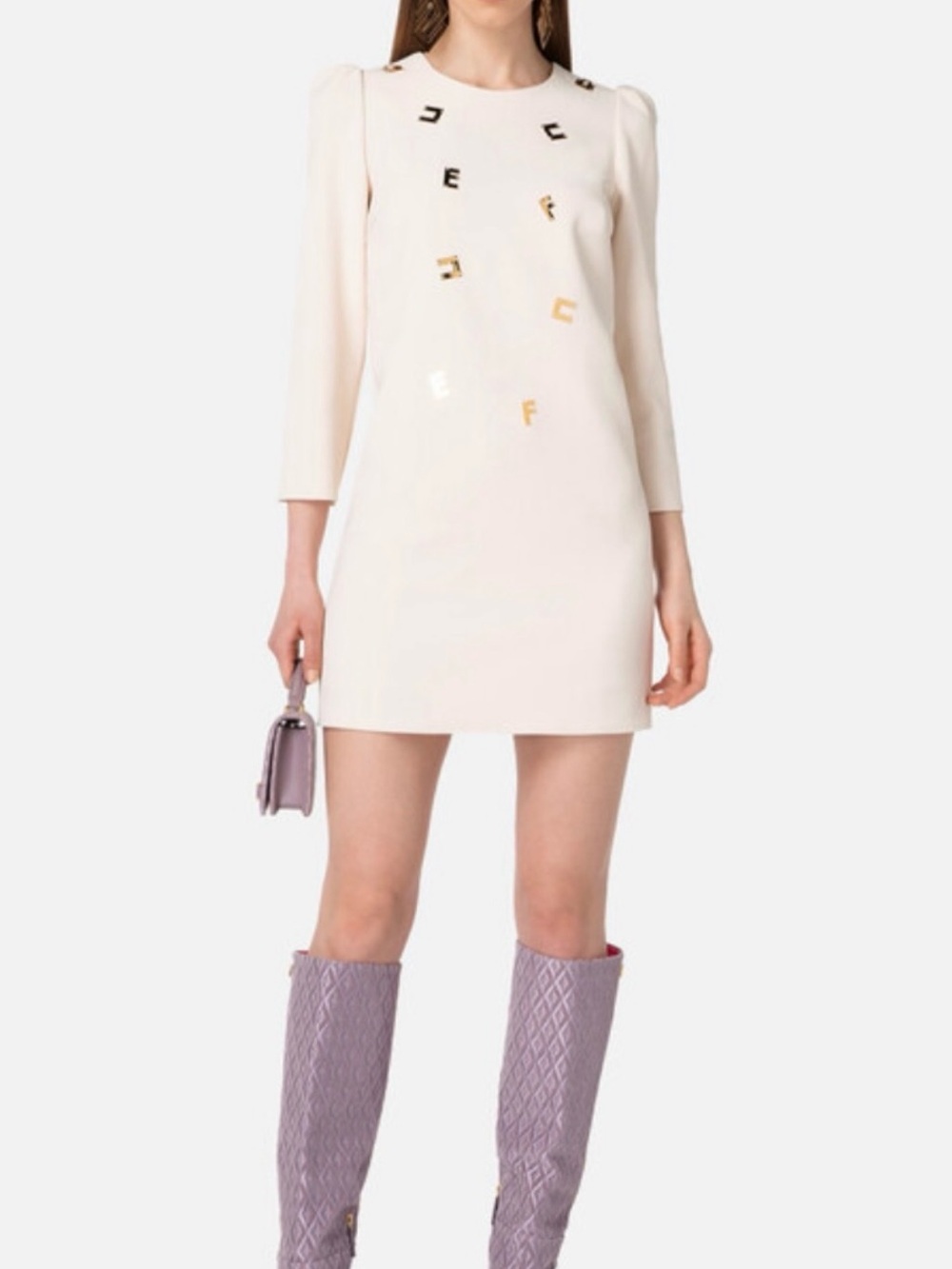 NWT elisabetta franchi Mini Shift Dress with Gold logo.